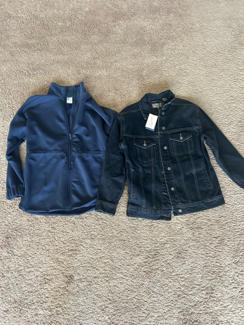 Bundle NWT XS washed Black jean jacket, Navy Blue athletic jacket S